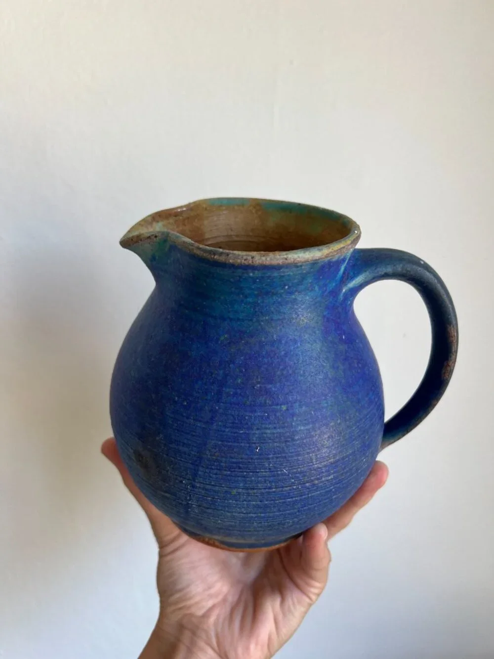 Vintage Studio Pottery Cerulean Blue Pitcher Vase Signed Hand Thrown Stoneware